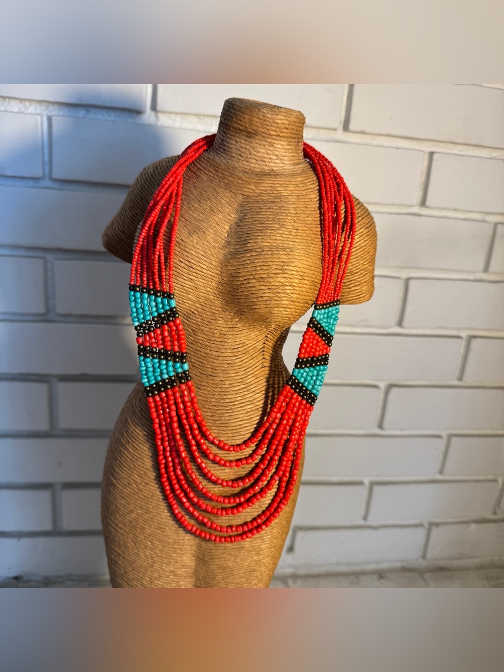 Southwestern Multi-Strand Red & Turquoise Beaded Statement Necklace